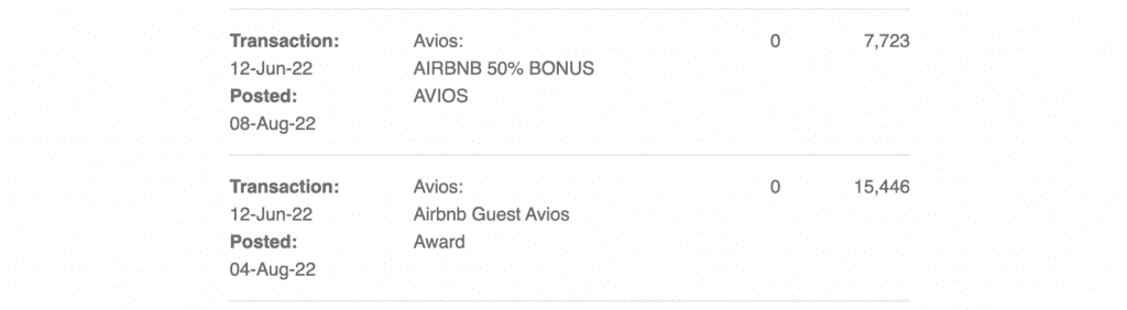 Statement showing over 20,000 earned Avios from one Airbnb booking