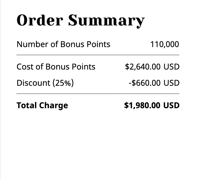 Order Summary Number of Bonus Points 110000 Total Charge 1980.00 USD - World of Hyatt,Buy Points