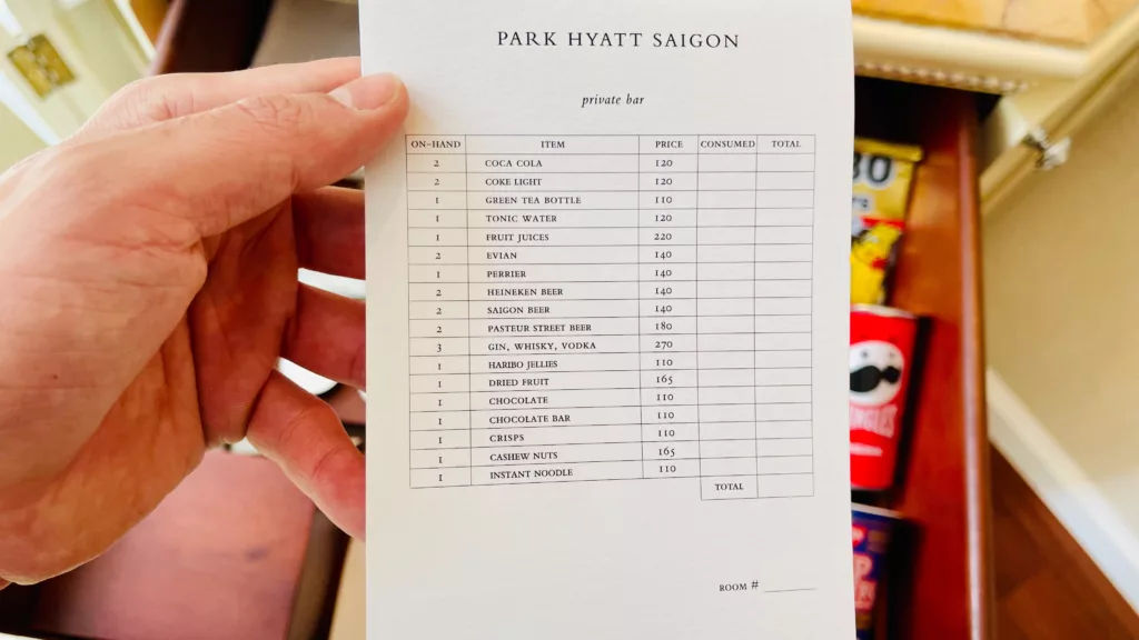 Review: A Quick Stay at the Park Hyatt Saigon, Ho Chi Minh City 27 Park Hyatt Saigon minibar prices - Park Hyatt Saigon,free night award
