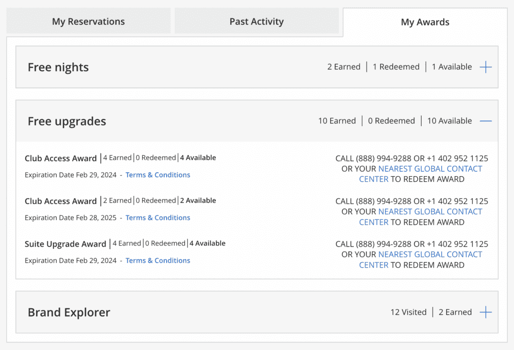 World of Hyatt account screenshot showing unused Club Access Awards