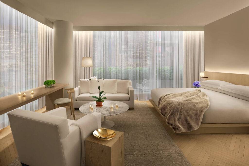 A suite at The EDITION Times Square. Marriott Bonvoy Ambassadors get the same suite upgrade benefit as Titaniums.